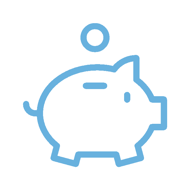 Simple blue line drawing of a piggy bank with a coin hovering above it, illustrating the concept of saving money—much like a veterinarian saves lives. The piggy bank is shown in profile with minimalistic features, evoking the careful precision and care found in veterinary practice.