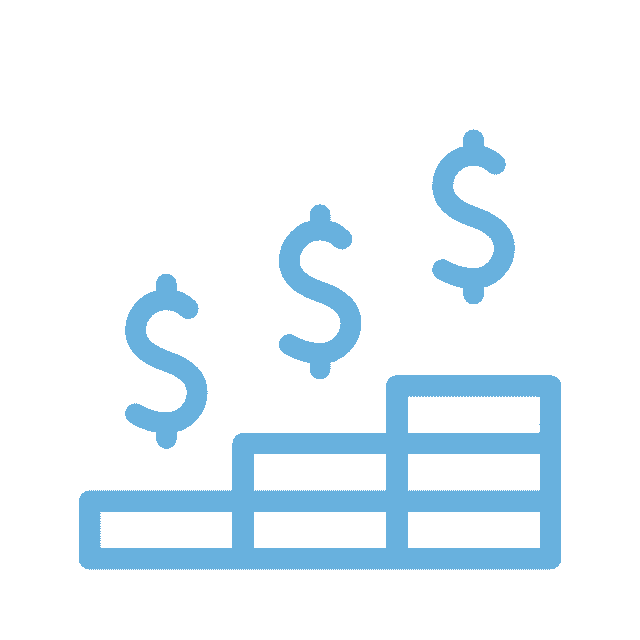 An icon of three ascending steps with dollar signs hovering above each step, symbolizing financial growth or increasing investment returns. This light blue image on a white background subtly mirrors the steady progress in a veterinarian's successful practice.