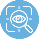 A blue icon featuring a white magnifying glass with an eye in the center, reminiscent of a veterinarian's keen vision. The icon is enclosed within a square outline with rounded corners, symbolizing focus and precision.