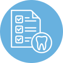 Icon of a checklist with three marked boxes and a tooth symbol, all in white on a blue circular background, resembling a veterinary checklist for your pet's dental health.