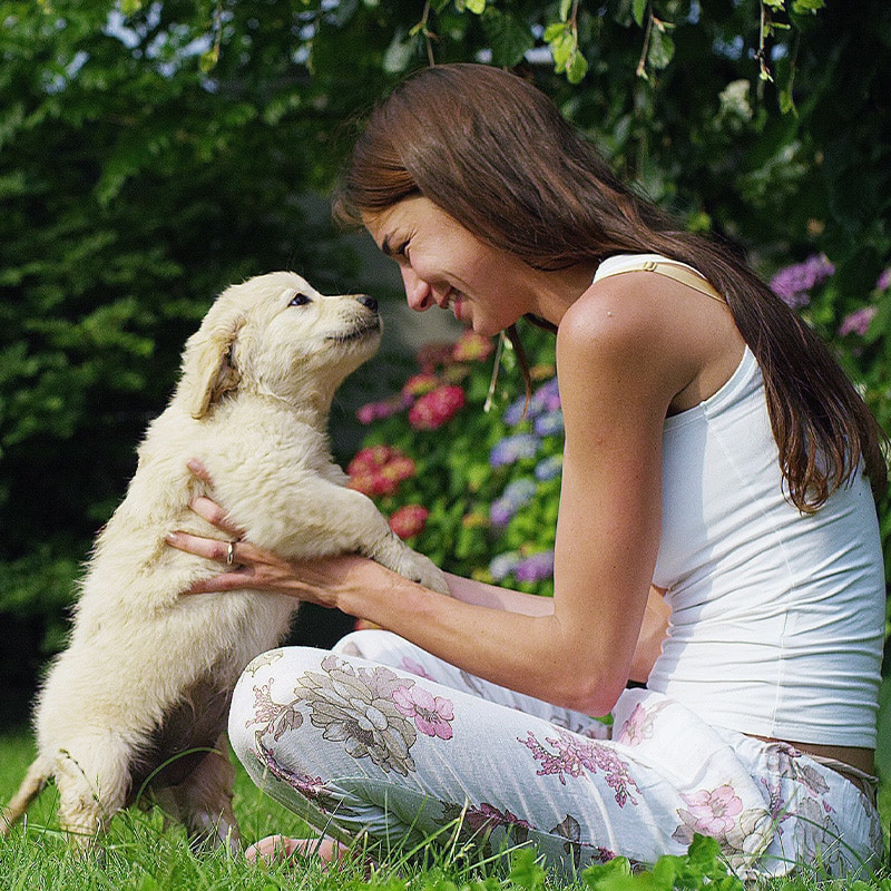 A woman sitting on grass smiles lovingly at a fluffy golden retriever puppy she's lifting with both hands, as if she were a proud vet admiring a healthy pet. They are in a garden with green foliage and colorful flowers. She wears a white tank top and floral pants.