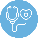 A blue circle icon featuring a white outline of a stethoscope, with tubing forming a heart shape near the chest piece, symbolizing veterinary healthcare and medical care.