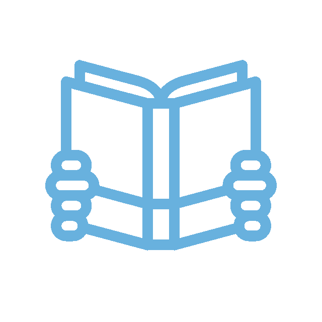 Icon of a veterinarian's hands gently holding an open book, depicted in light blue lines against a white background.