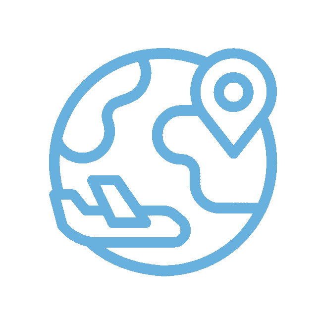 A simplified blue line drawing of a globe featuring a location pin and an airplane icon, symbolizing travel or global navigation, captures the journey akin to how a veterinarian navigates diverse challenges in animal care.