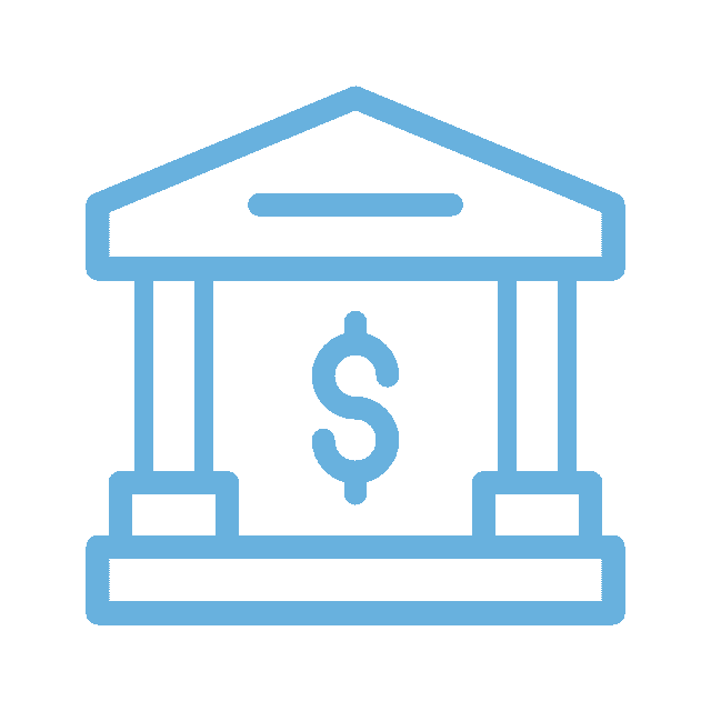 An icon of a blue bank building with a dollar sign at its center, subtly evoking the trusted precision akin to a veterinarian's dedication, symbolizing financial services or banking.