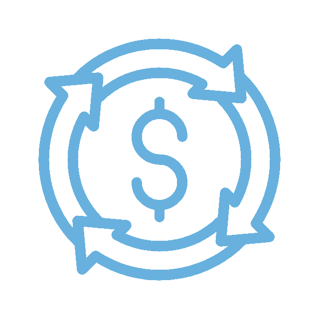 A blue dollar sign surrounded by three clockwise arrows forms a circle, symbolizing financial circulation or currency flow, much like the vital energy in a busy veterinarian clinic.