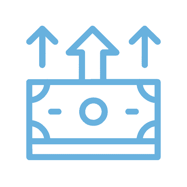 A blue outline of a banknote with three upward-facing arrows above it, indicating financial growth or an increase in funds, much like a veterinarian expanding their practice.
