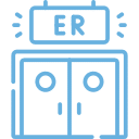 Blue line drawing of double doors beneath a sign that reads "ER," indicating an emergency room entrance. Lines around the sign suggest emphasis or alertness.