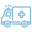 Blue line drawing of an ambulance with a flashing light on top and a medical cross symbol on the side, representing emergency medical services.