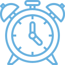 Blue outline illustration of a classic alarm clock showing the time as 7:00, with two bells on top and legs at the bottom, on a light background.